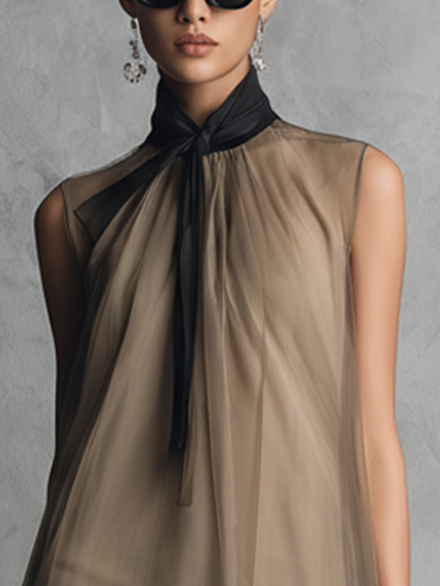 Yupha - Robe Mi-longue Asymétrique À Col Montant en Tissu Transparent