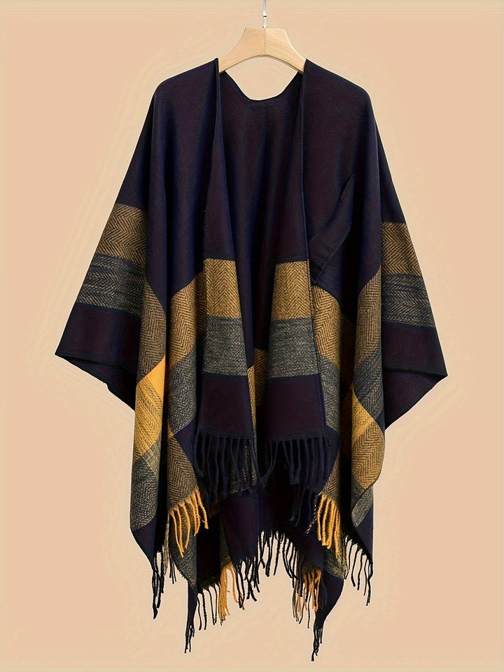 Kyrine - Poncho Châle À Franges Et Motifs Géométriques