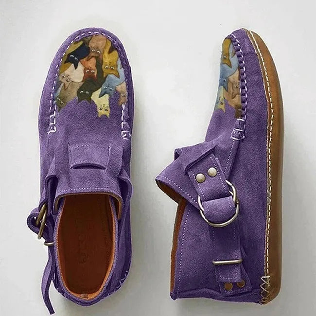 Viktoriy - Bottines Plates à Imprimé Chat et Boucle