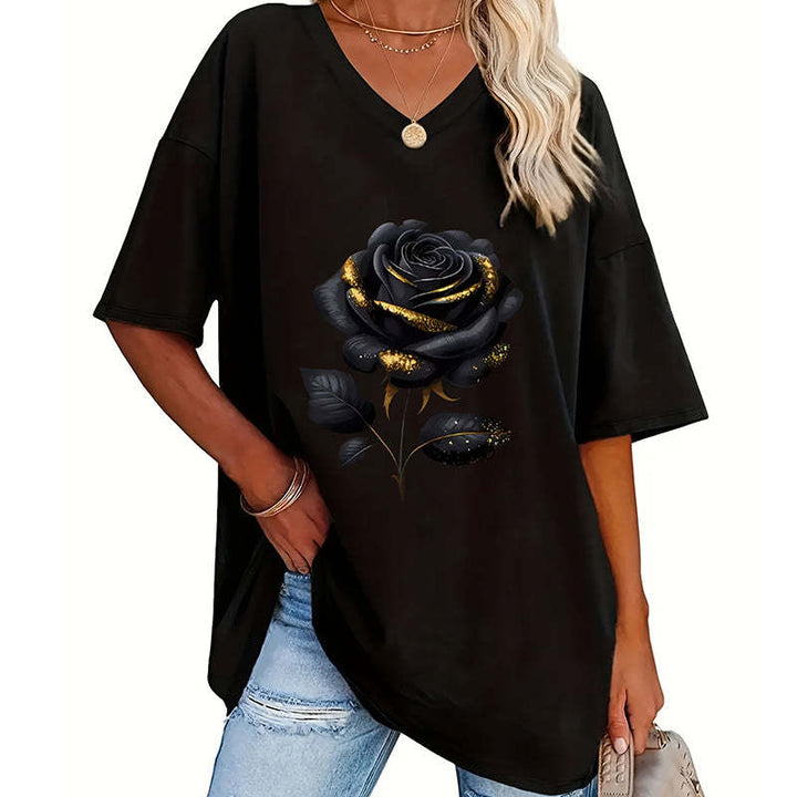 Aijia - T-chemise À Col en V Imprimé Roses