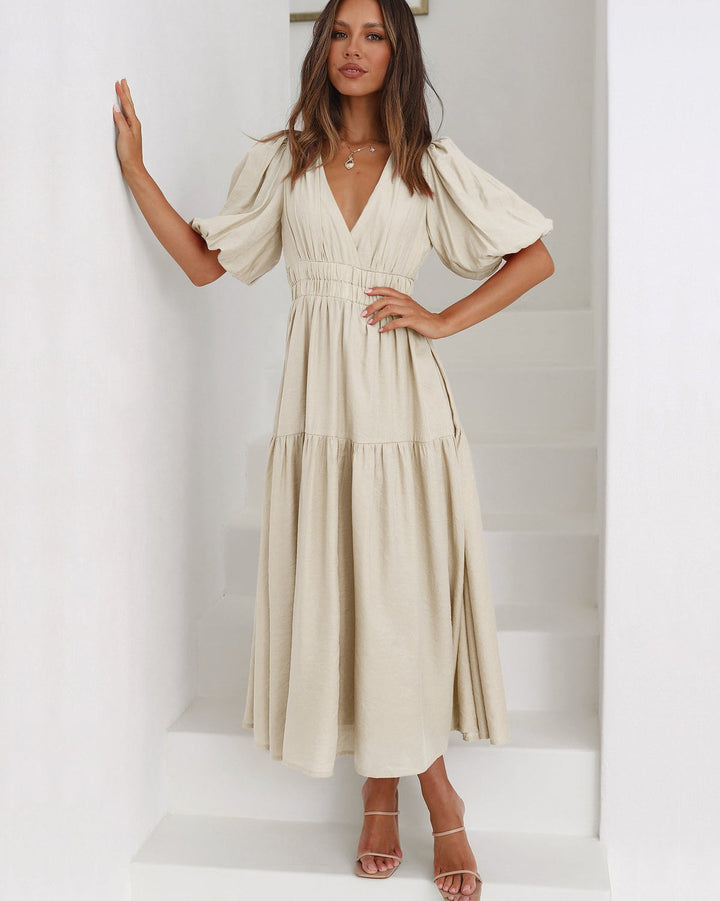 Delphine - Robe Mi longue Élégante À Col en V Et Manches À Volants