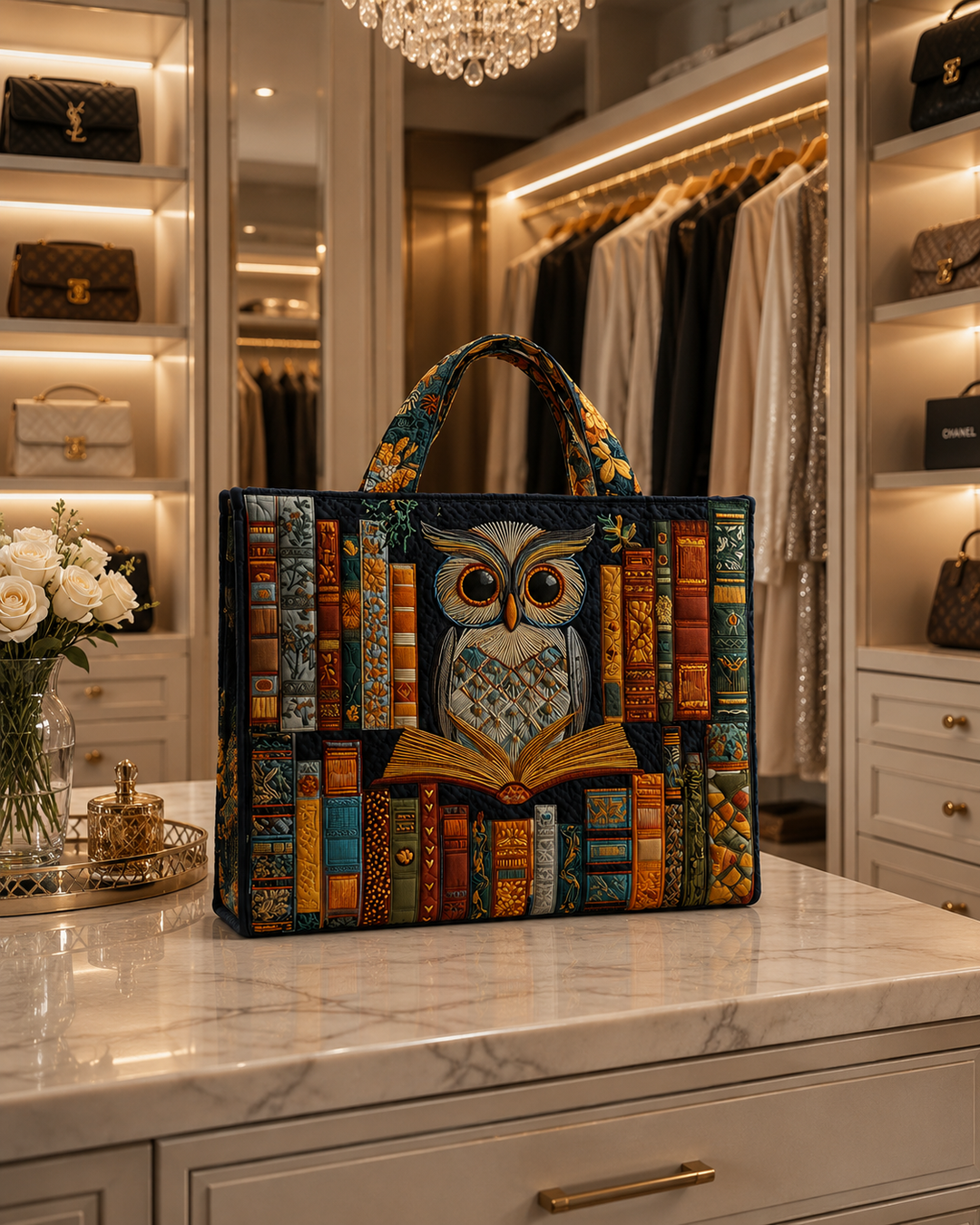 Tyliana - Sac Fourre-Tout Matelassé « Bibliothèque» Avec Motif De Chouette Brodé