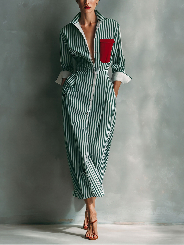 Makeda - Robe Chemise Rayée Avec Poche Poitrine
