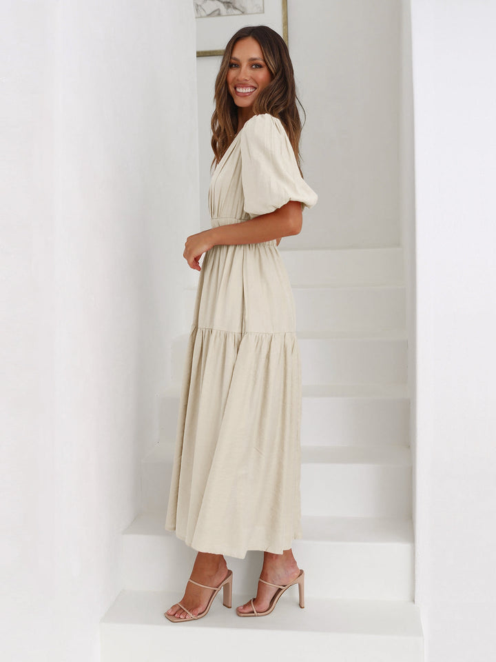 Delphine - Robe Mi longue Élégante À Col en V Et Manches À Volants