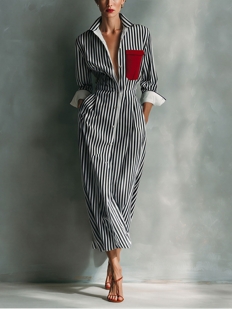 Makeda - Robe Chemise Rayée Avec Poche Poitrine