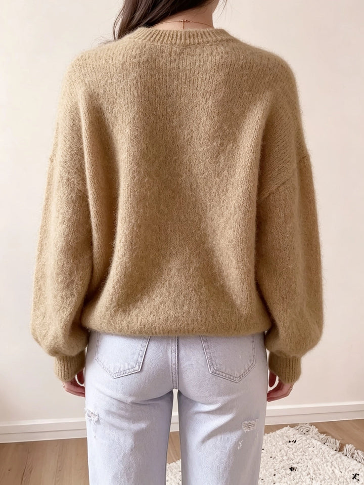 Margaretha - Pull en Maille à Col Rond et Manches Bouffantes
