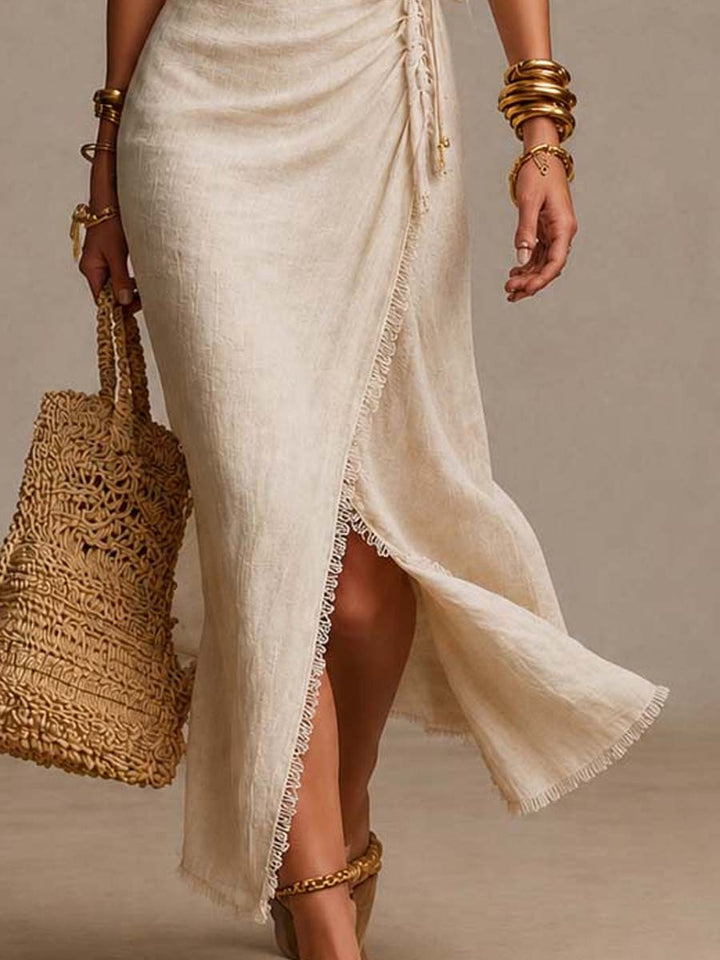 Szarlota - Robe Longue Portefeuille en Lin, À Volants Et Bordure en Dentelle