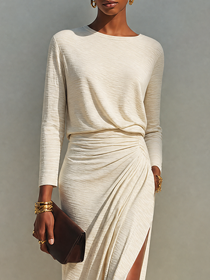 Noeza - Robe Longue À Encolure Ronde, Drapée Et Fendue