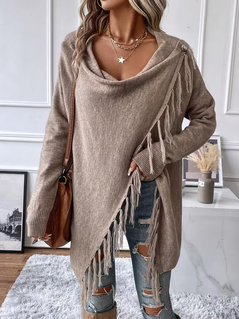 Busra - Cardigan Drapé AU Niveau Du Cou, Avec Bordure À Franges