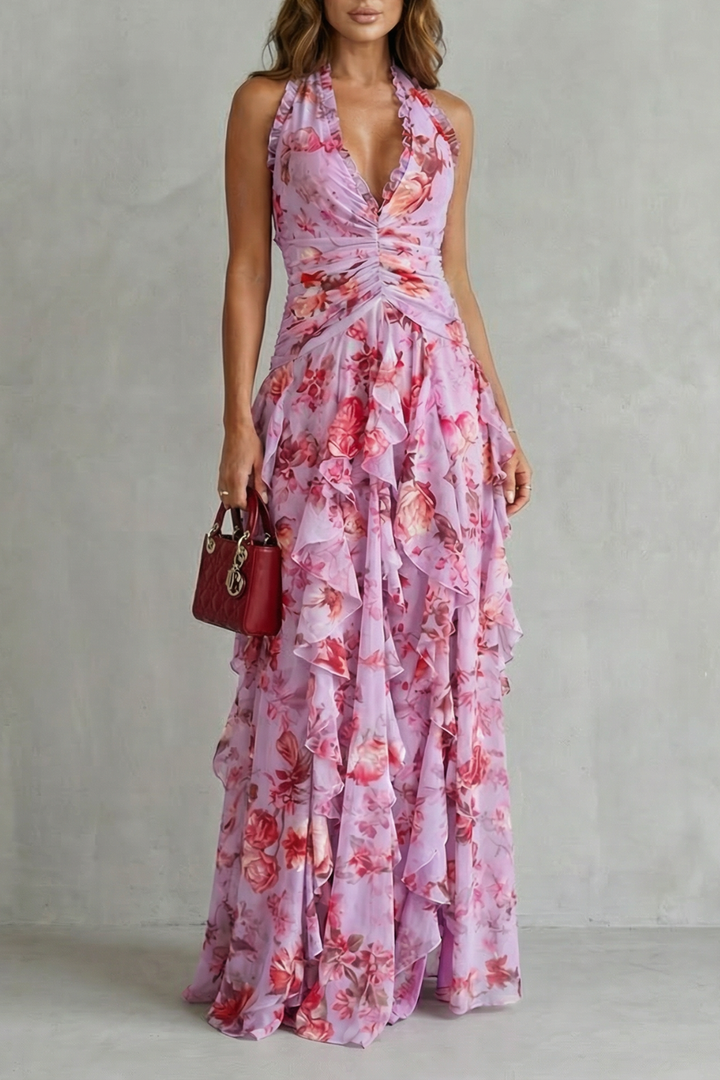 Eliora - Robe Longue Dos Nu à Motif Floral En Cascade