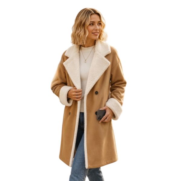 Lenkyna - Manteau Long Avec col et Poignets en Polaire