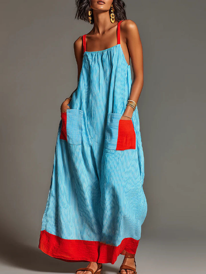 Sallina - Robe Longue Rayée Avec Contraste Rouge