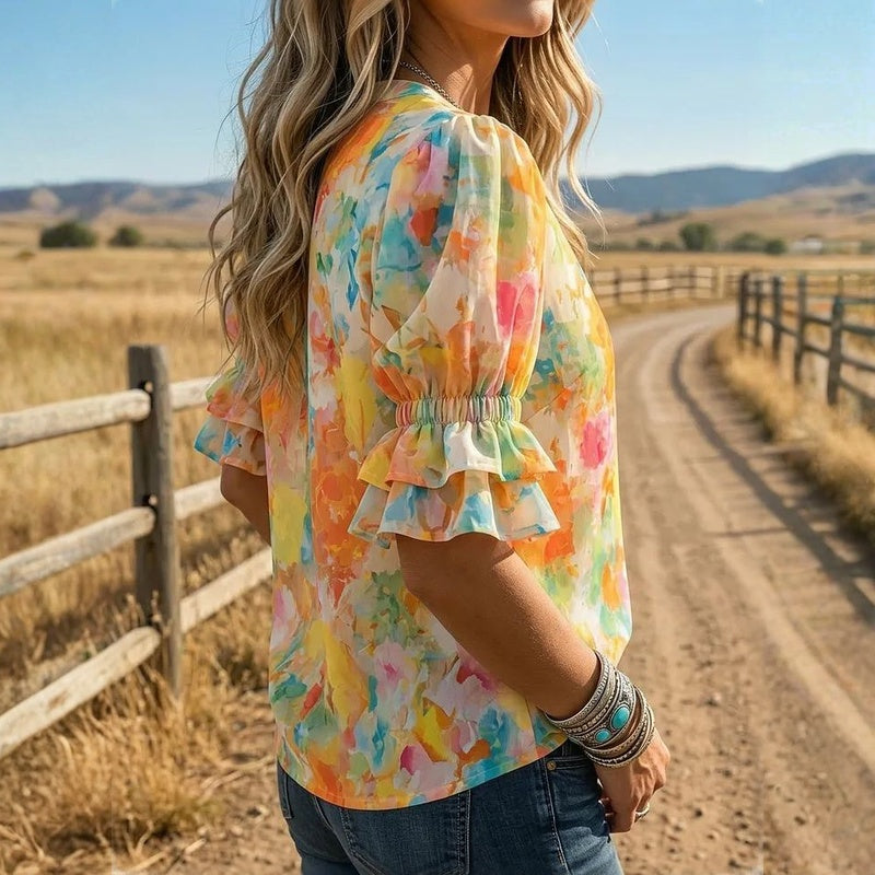 Suda - Chemisier À Manches Bouffantes Et Boutonnage Sur Le Devant, Motif Floral