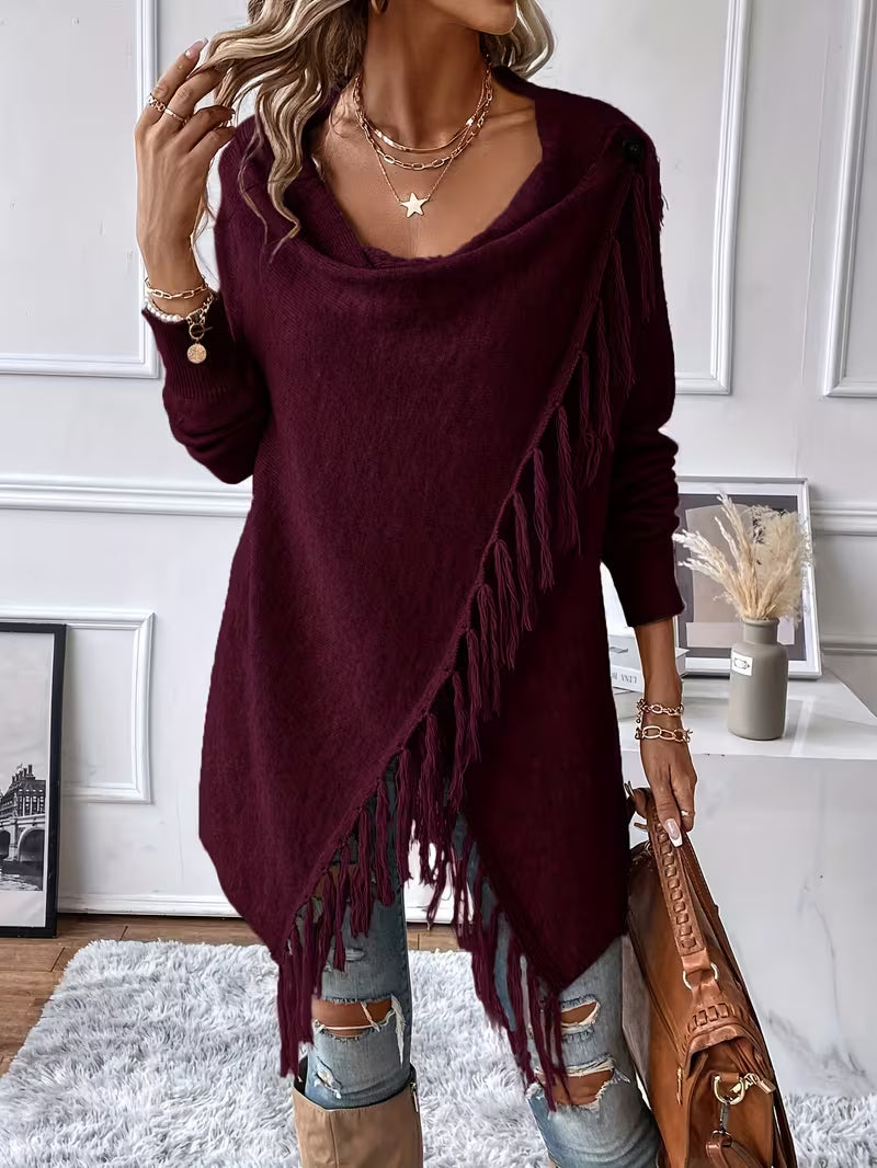 Busra - Cardigan Drapé AU Niveau Du Cou, Avec Bordure À Franges