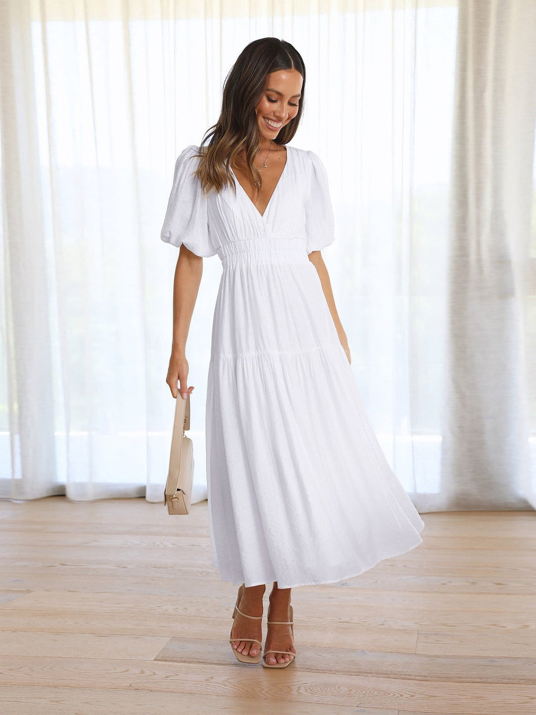 Delphine - Robe Mi longue Élégante À Col en V Et Manches À Volants