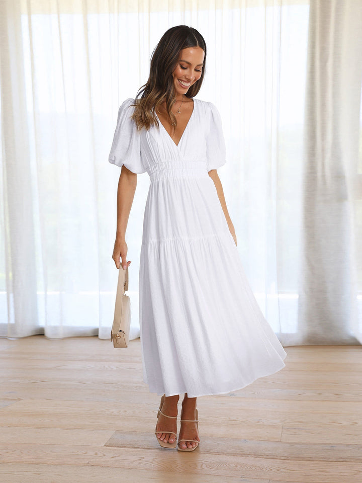 Delphine - Robe Mi longue Élégante À Col en V Et Manches À Volants