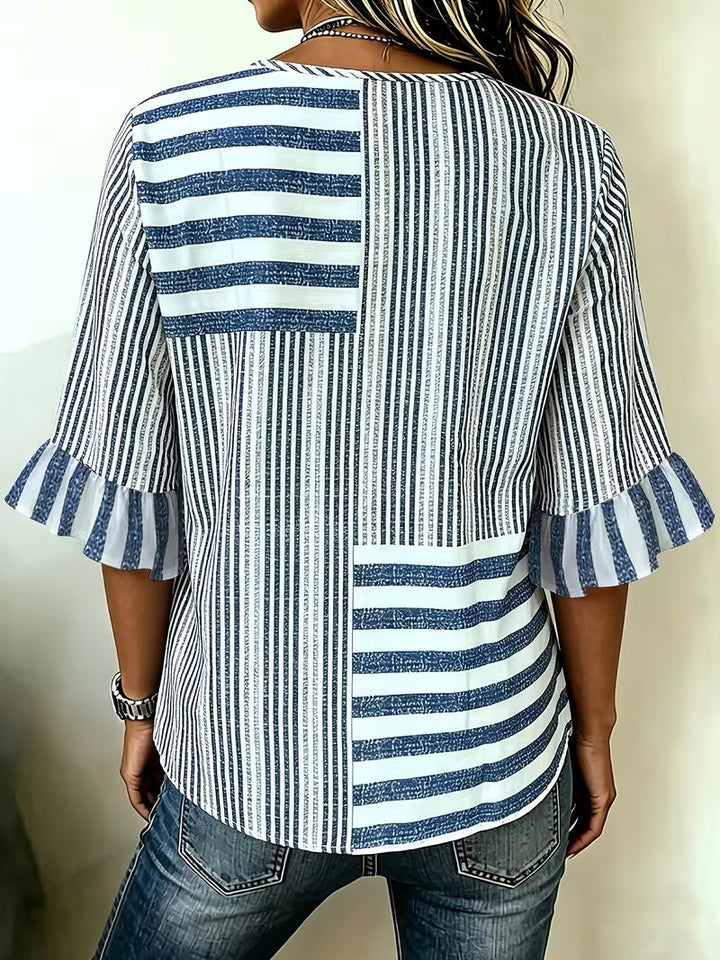 Avyra - Haut À Boutons, Manches À Volants Et Motif Patchwork Rayé