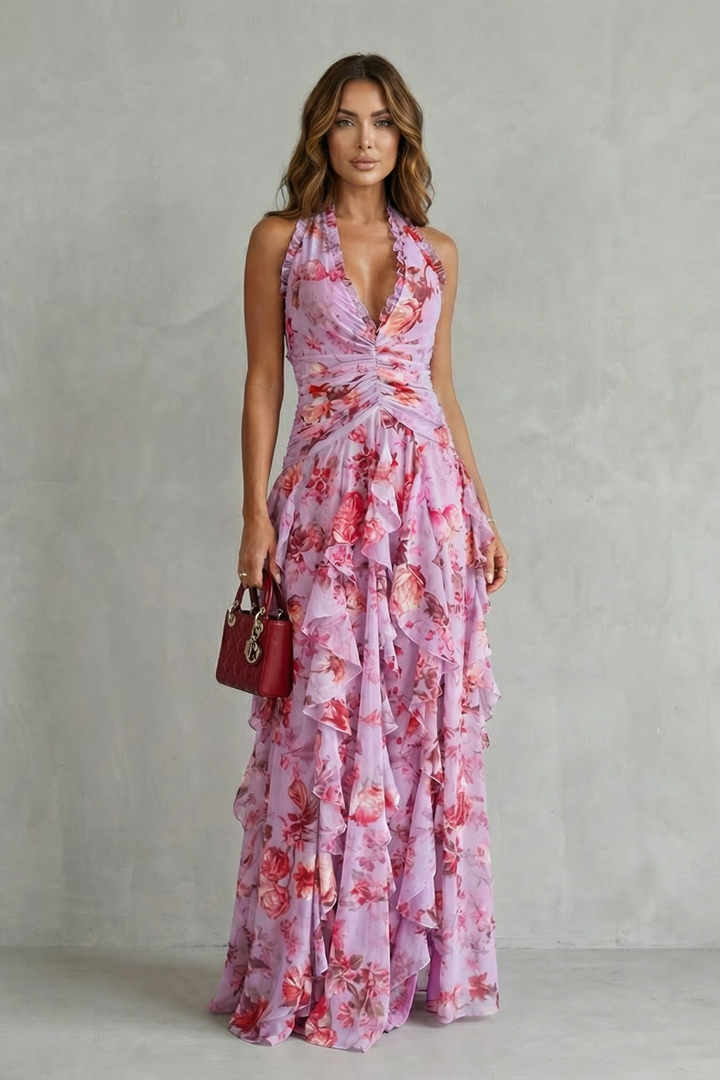 Eliora - Robe Longue Dos Nu à Motif Floral En Cascade