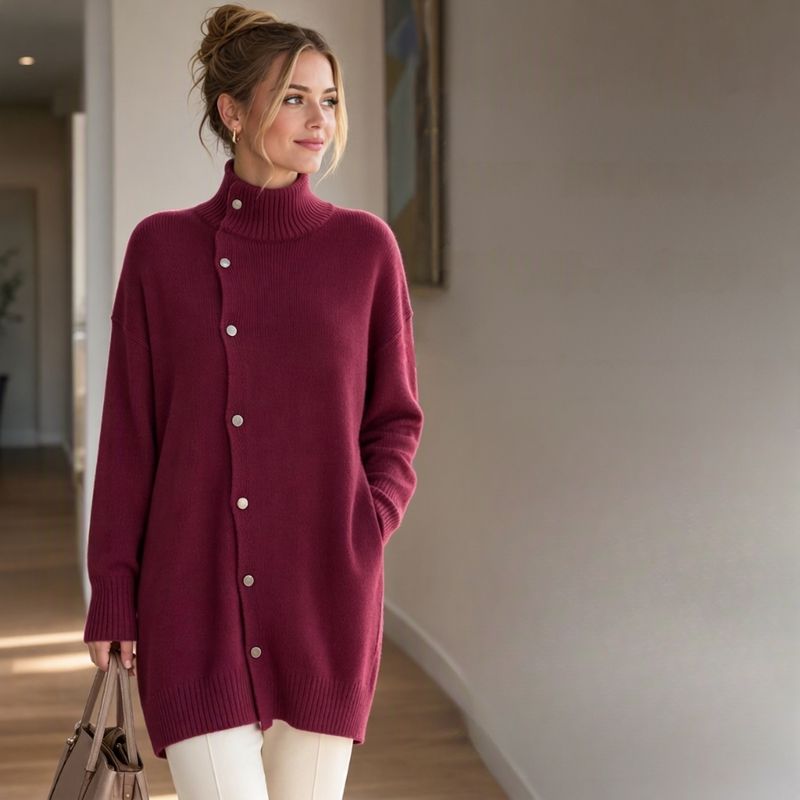 Hiroko - Pull Long en Maille à Col Roulé et Boutons