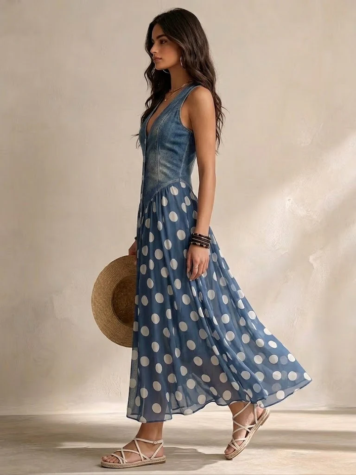Vylina - Robe En Jean Avec Jupe En Mousseline à Pois