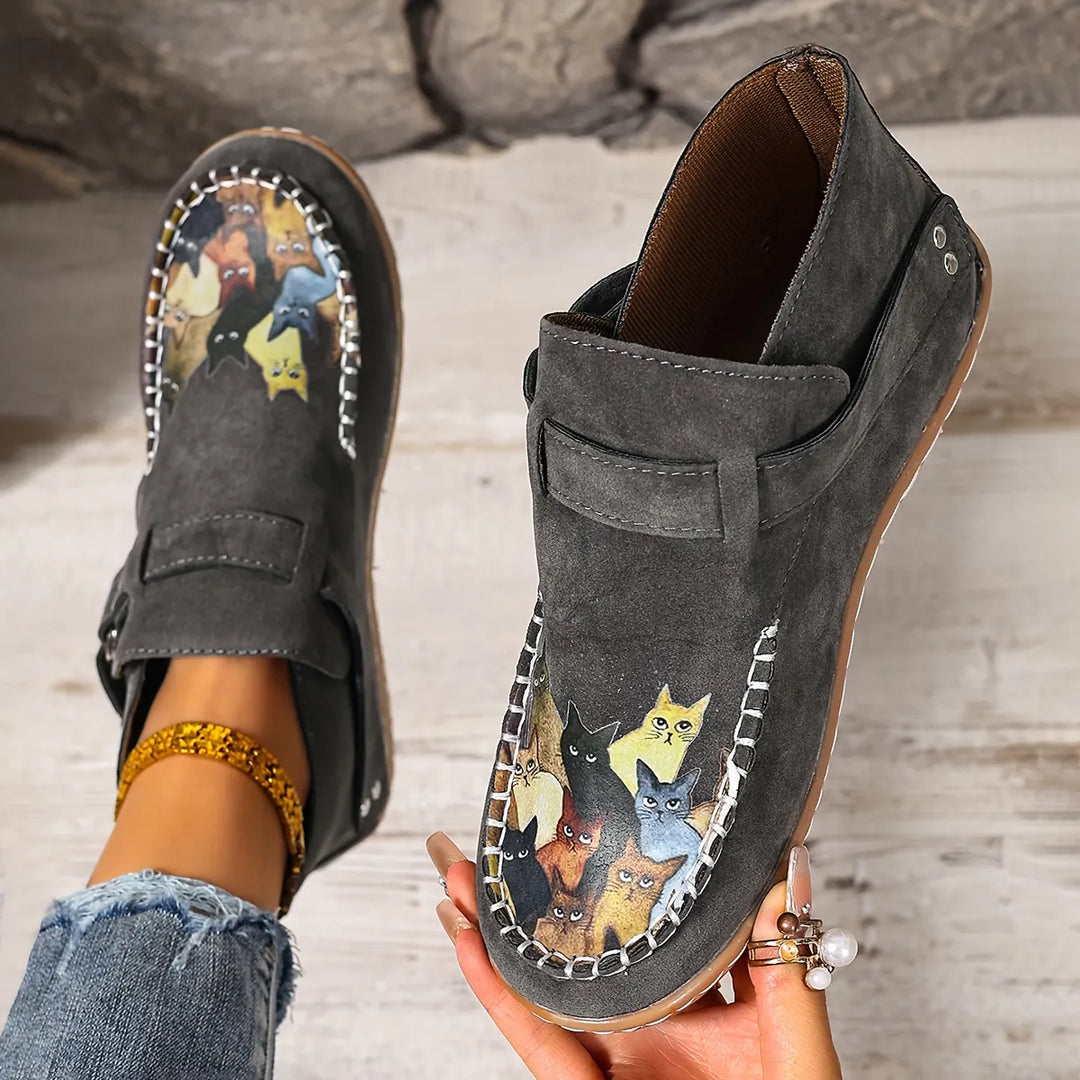 Viktoriy - Bottines Plates à Imprimé Chat et Boucle