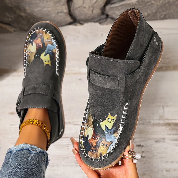 Viktoriy - Bottines Plates à Imprimé Chat et Boucle