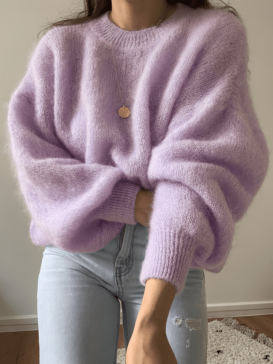 Margaretha - Pull en Maille à Col Rond et Manches Bouffantes