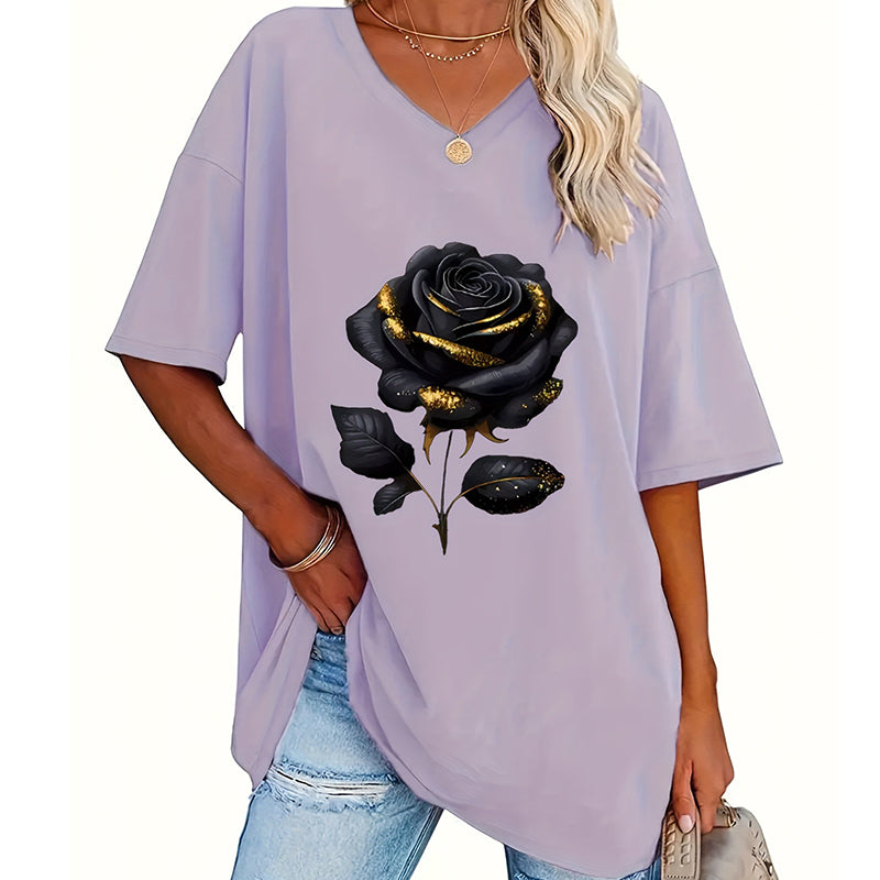 Aijia - T-chemise À Col en V Imprimé Roses