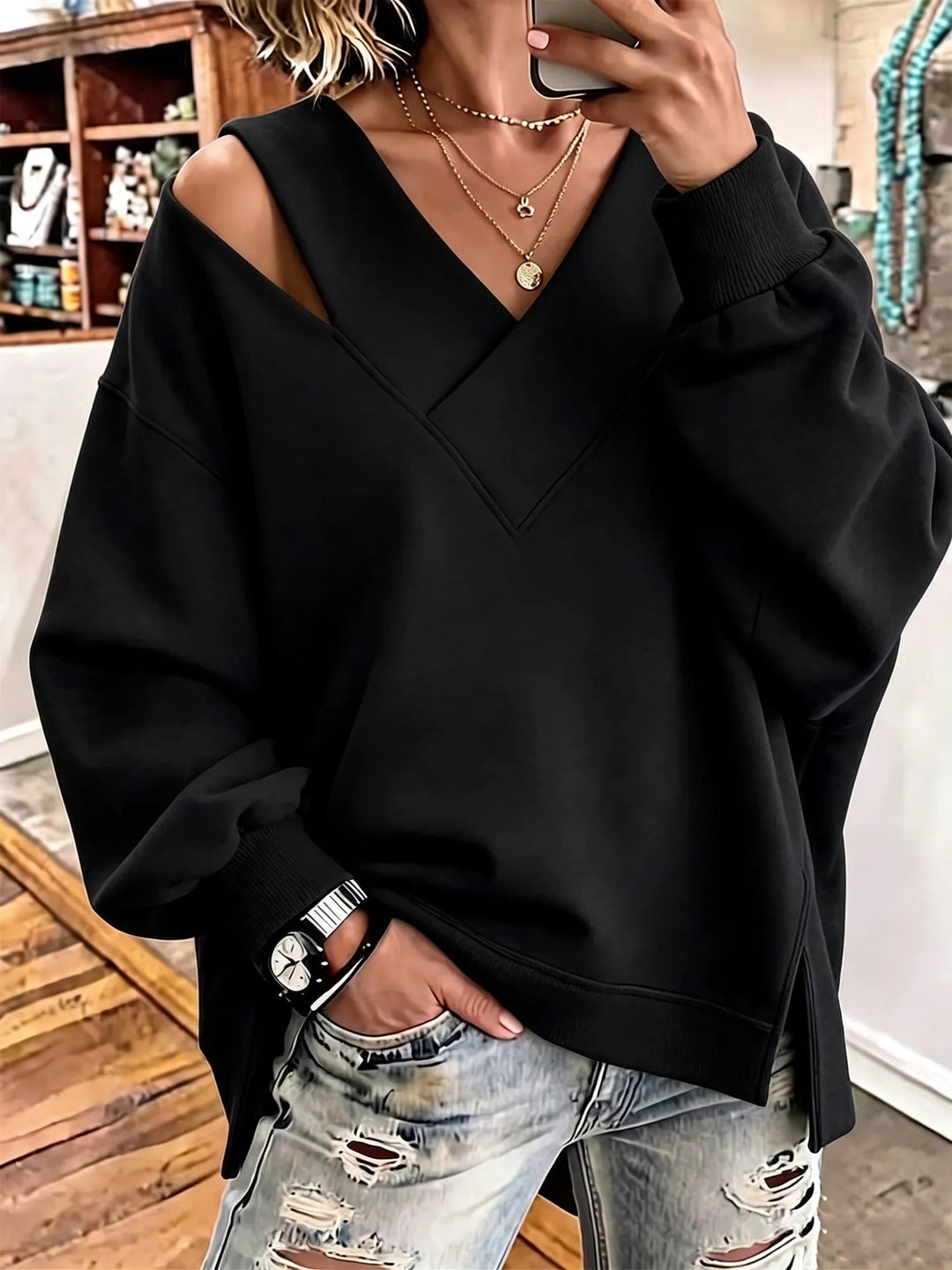 Kirstan - Sweat Oversize Chic à Encolure en V Ajourée