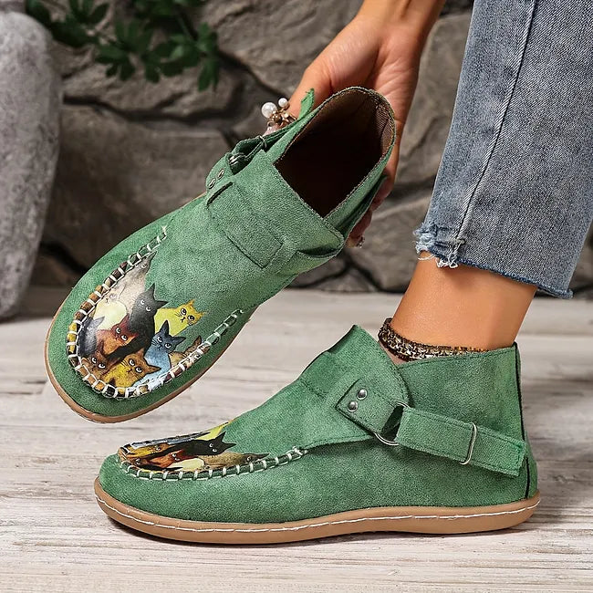 Viktoriy - Bottines Plates à Imprimé Chat et Boucle
