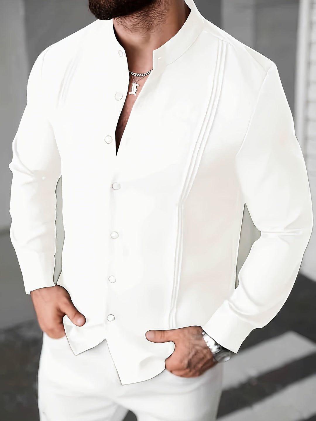 Elshan - Stand Collar Long Sleeve Shirt With Button