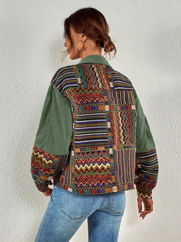 Amelina - Veste Boutonnée en Velours Côtelé Patchwork Style Bohème