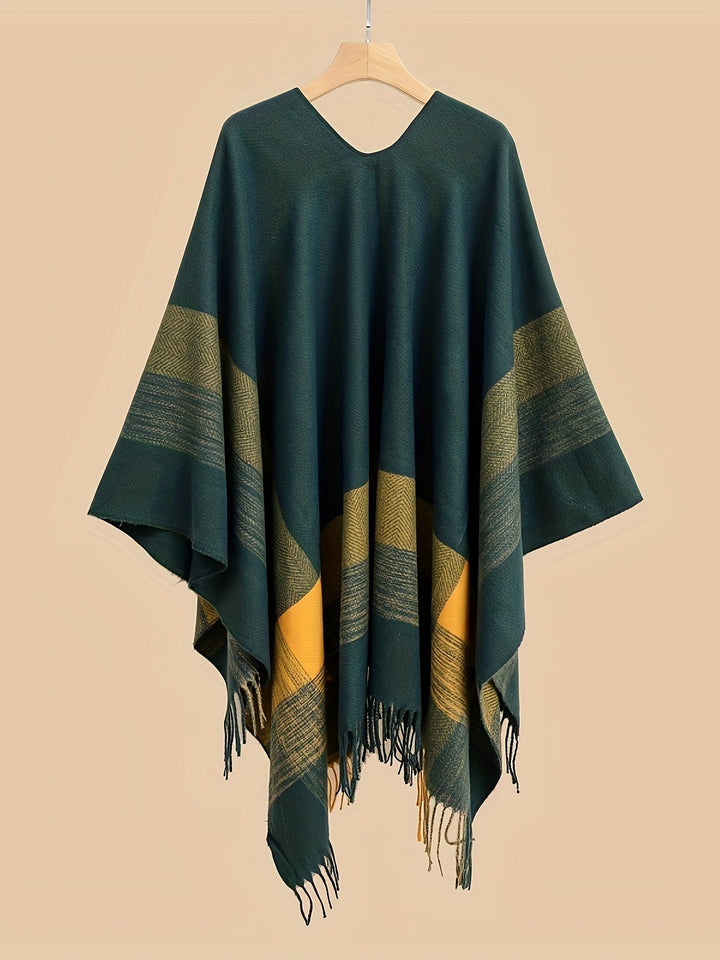 Kyrine - Poncho Châle À Franges Et Motifs Géométriques