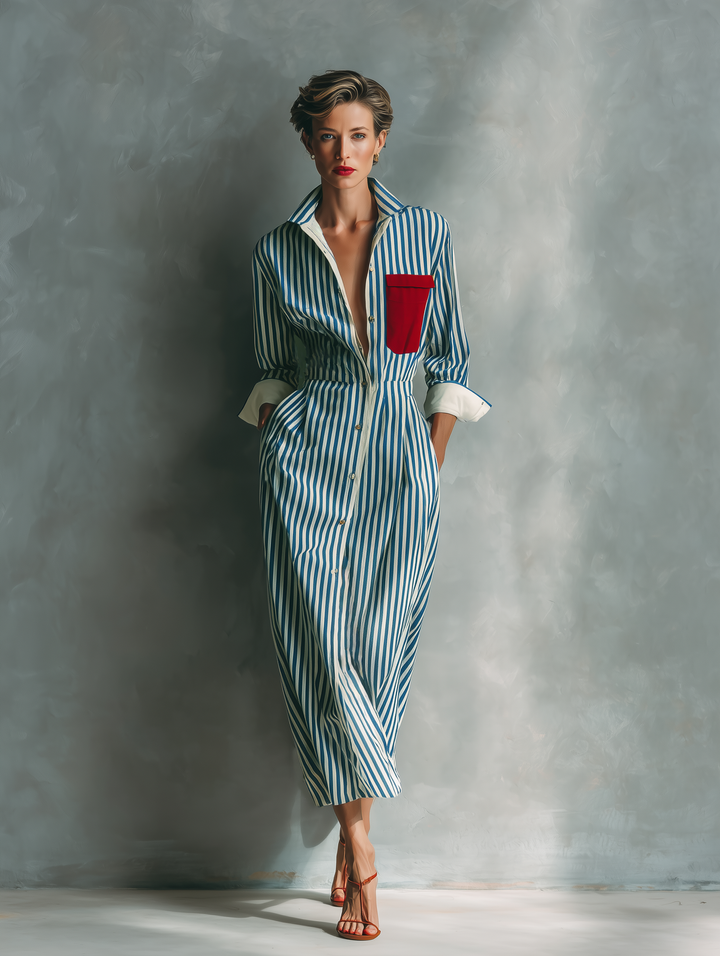 Makeda - Robe Chemise Rayée Avec Poche Poitrine