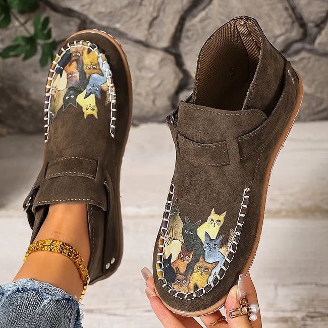 Viktoriy - Bottines Plates à Imprimé Chat et Boucle