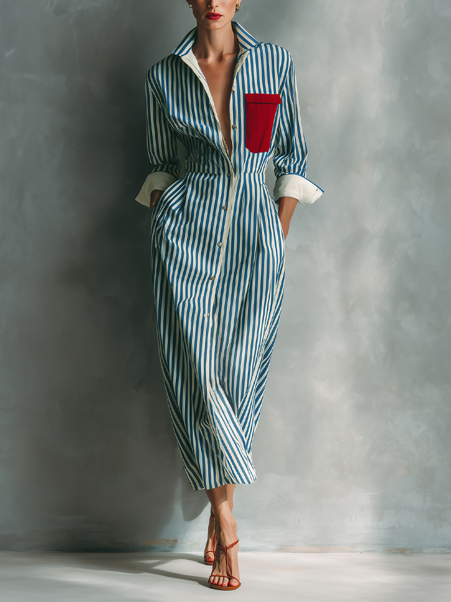 Makeda - Robe Chemise Rayée Avec Poche Poitrine