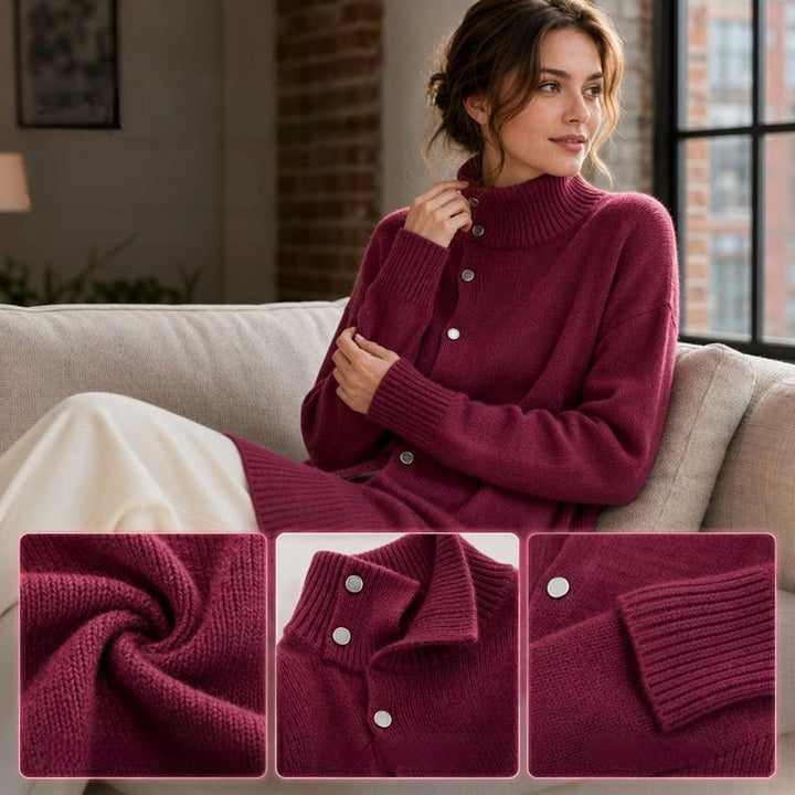 Hiroko - Pull Long en Maille à Col Roulé et Boutons