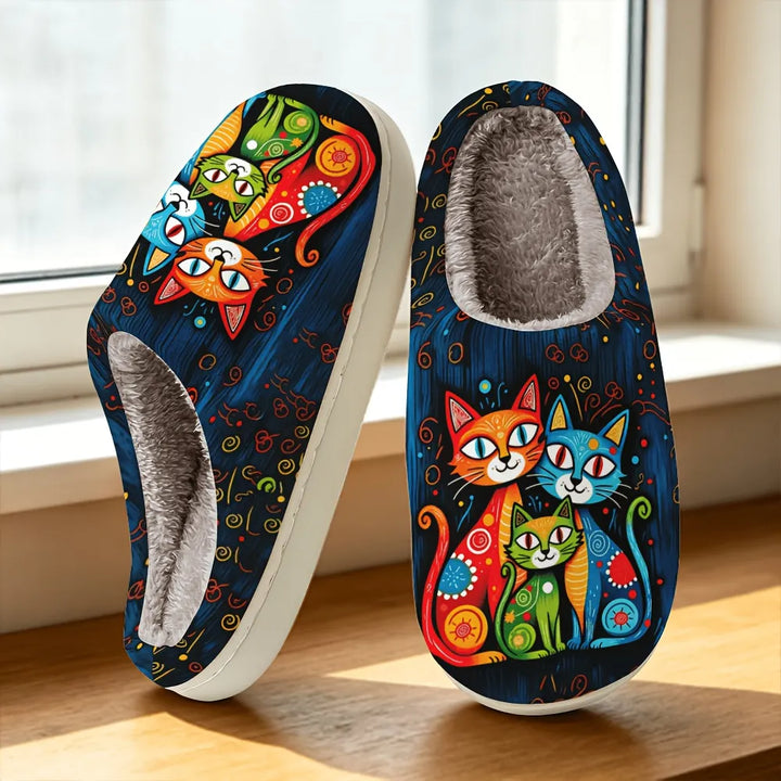 Quincy - Pantoufles À Imprimé Chat, Doublées De Peluche
