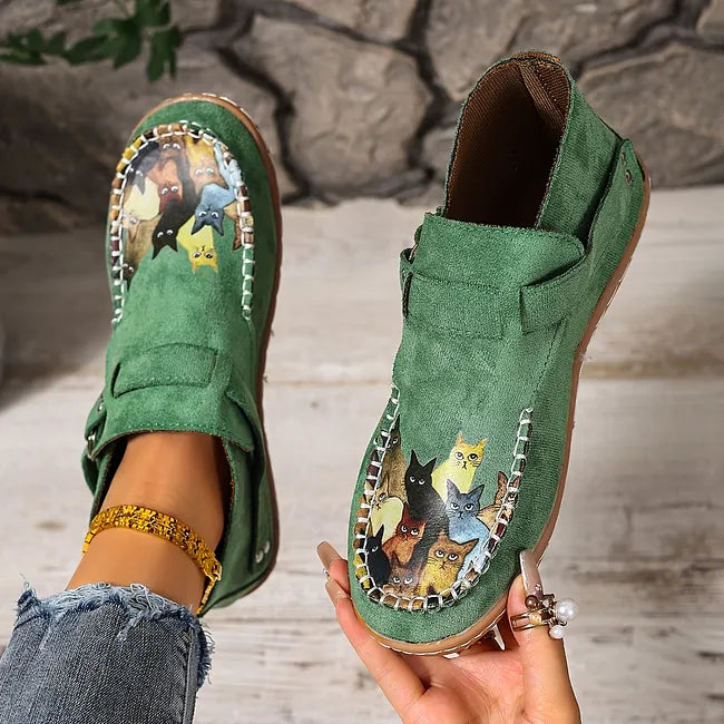 Viktoriy - Bottines Plates à Imprimé Chat et Boucle