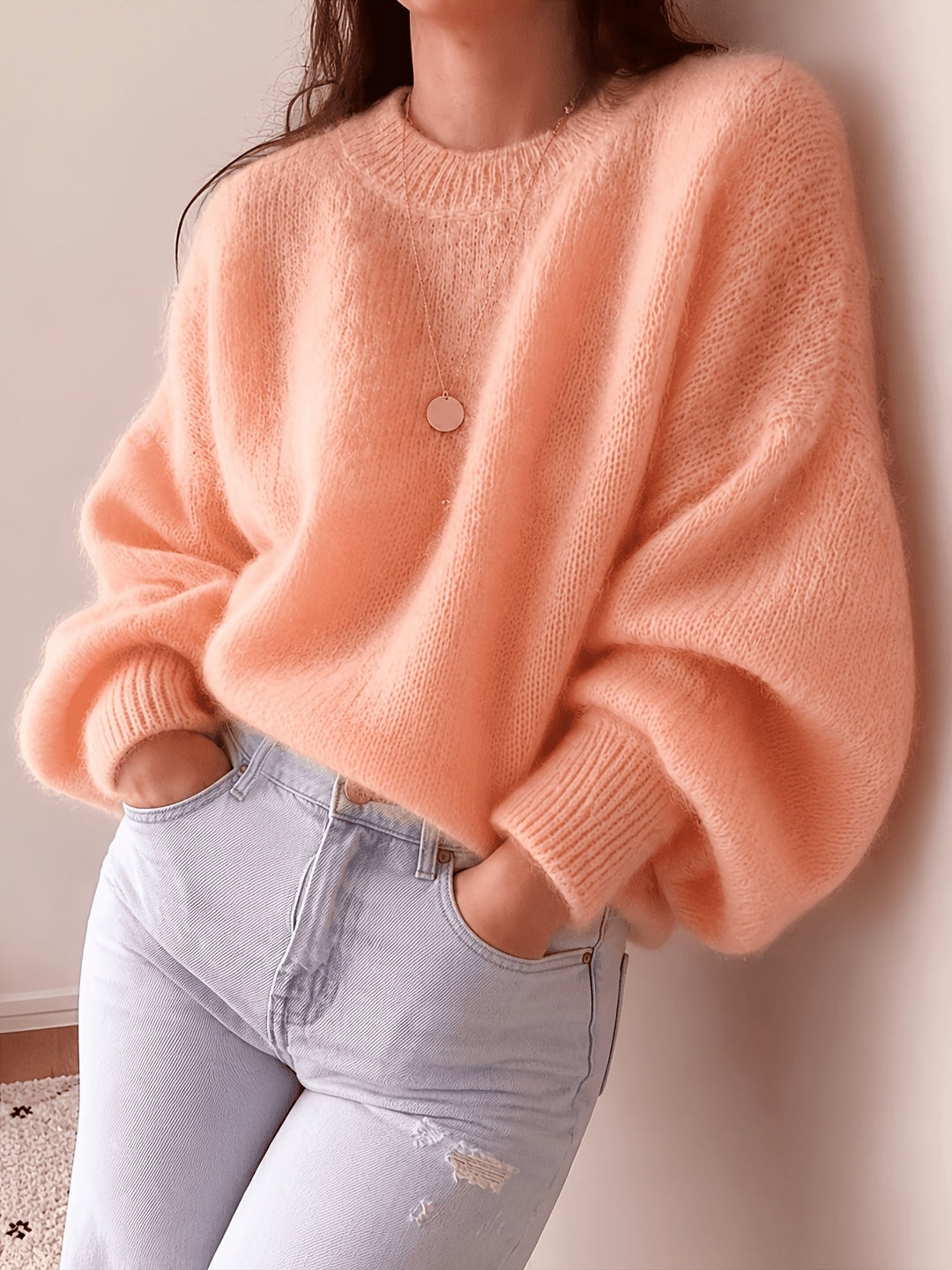 Margaretha - Pull en Maille à Col Rond et Manches Bouffantes