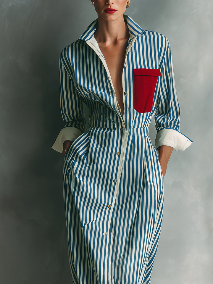 Makeda - Robe Chemise Rayée Avec Poche Poitrine