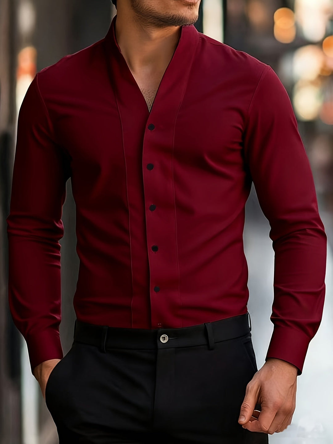 Almasbek - Chemise À Col en V Et Manches Longues Coupe Ajustée