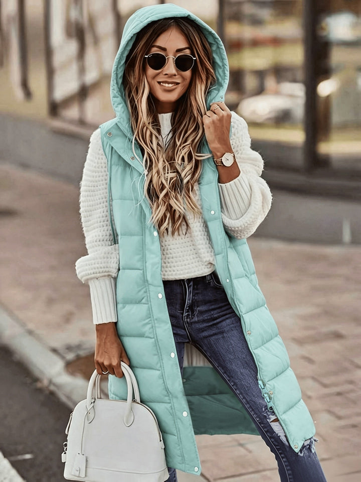 Maryanne - Gilet Matelassé Long à Capuche et Poches