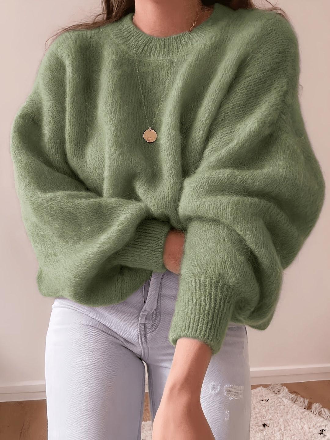 Margaretha - Pull en Maille à Col Rond et Manches Bouffantes