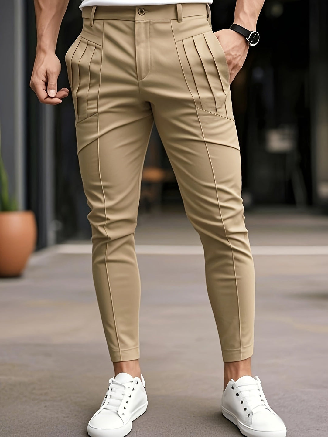 Alexey - Pantalon Décontracté À Coupe Ajustée À Plis Et Poches en Biais