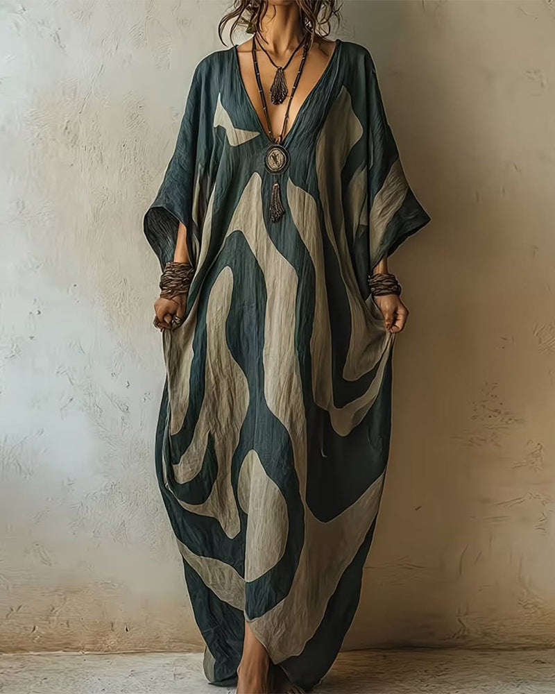 Valarien - Robe Longue Ample À Col en V Et Motif Abstrait