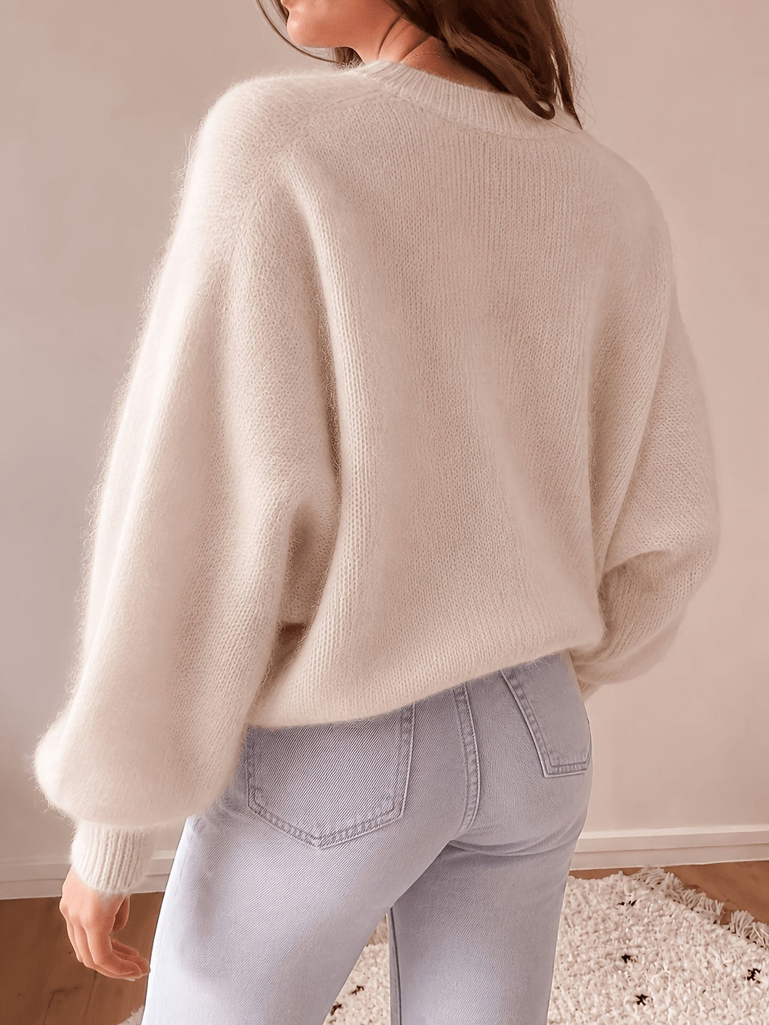 Margaretha - Pull en Maille à Col Rond et Manches Bouffantes