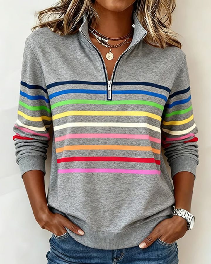 Josyna - Sweat-Shirt Rayé à Quart de Zip