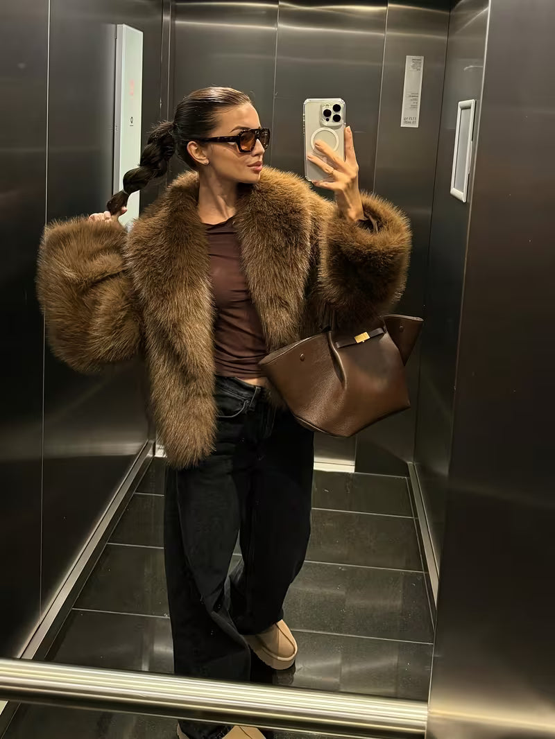 Jorida - Veste Courte Oversize À Revers en Fausse Fourrure