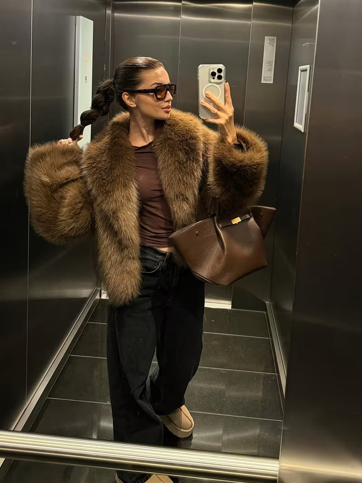 Jorida - Veste Courte Oversize À Revers en Fausse Fourrure
